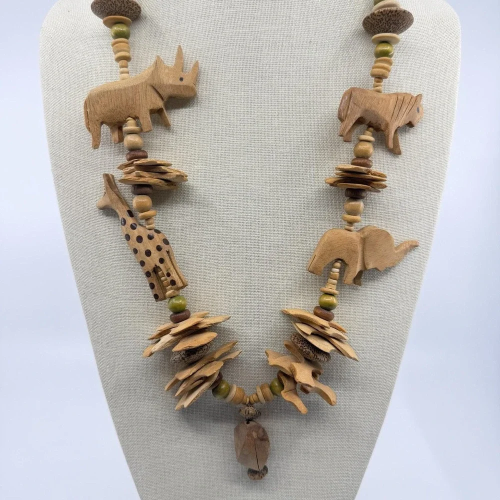 Hand Carved Wood Safari Animal Bead Necklace Elephant Giraffe Rhino Boho Gift